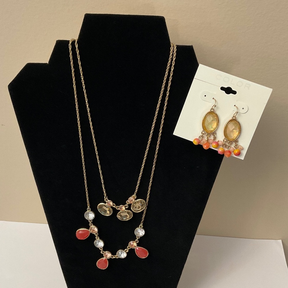 Monet Multi-color Double Strand Necklace  Coral Pink Oval Earrings NWT - Picture 11 of 11